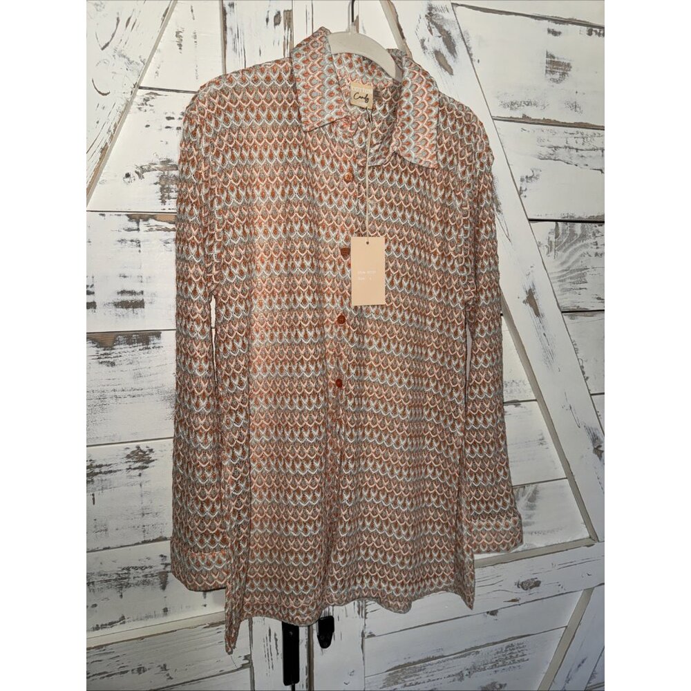 Fairycore Lace Orange Blue Scallop Vintage Retro Inspired Button Up Blouse